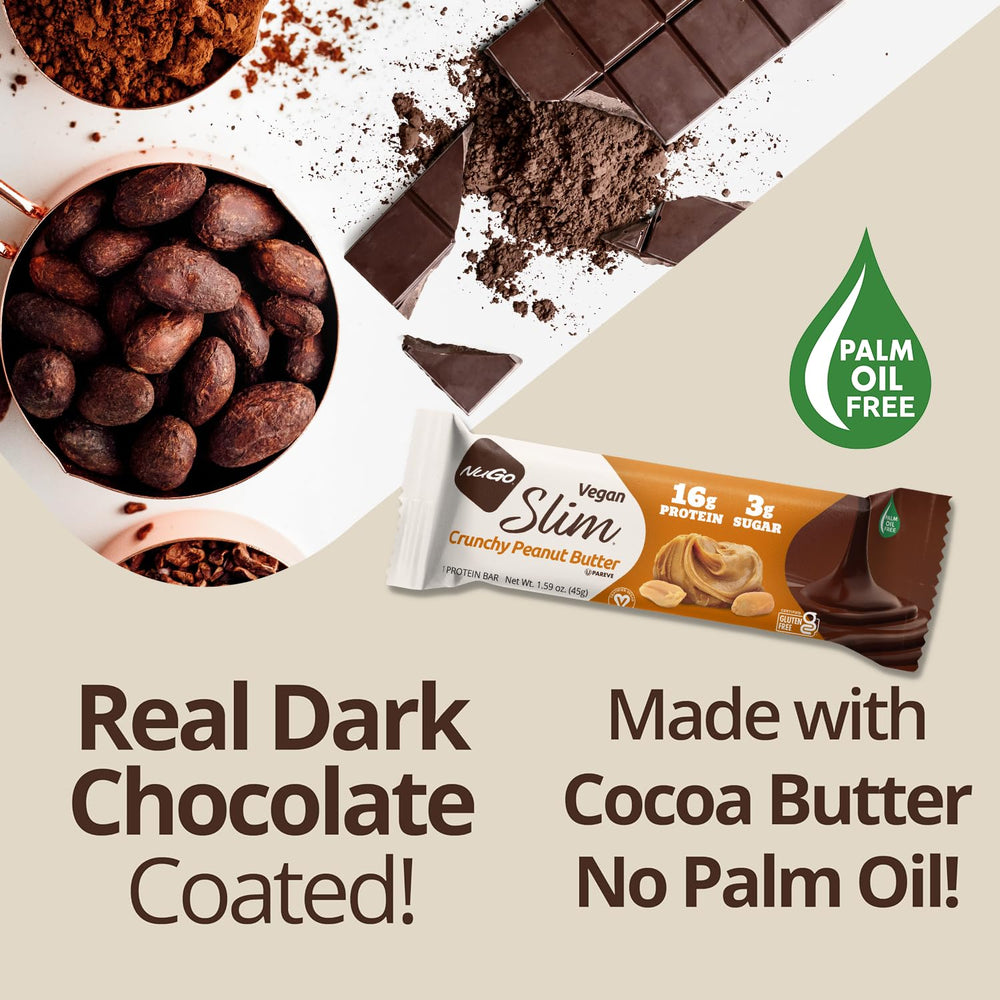NuGo Slim Dark Chocolate Mint packaging highlights gluten-free vegan protein