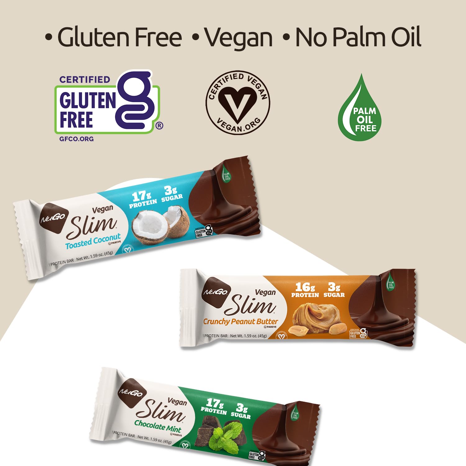NuGo Slim Dark Chocolate Mint vegan certification on packaging