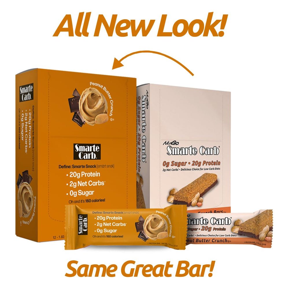 NuGo Smarte Carb Peanut Butter Crunch bar break highlighting crispy texture