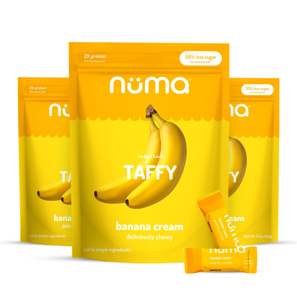 Numa Banana Taffy Candy bag on shelf, a convenient gym snack option.