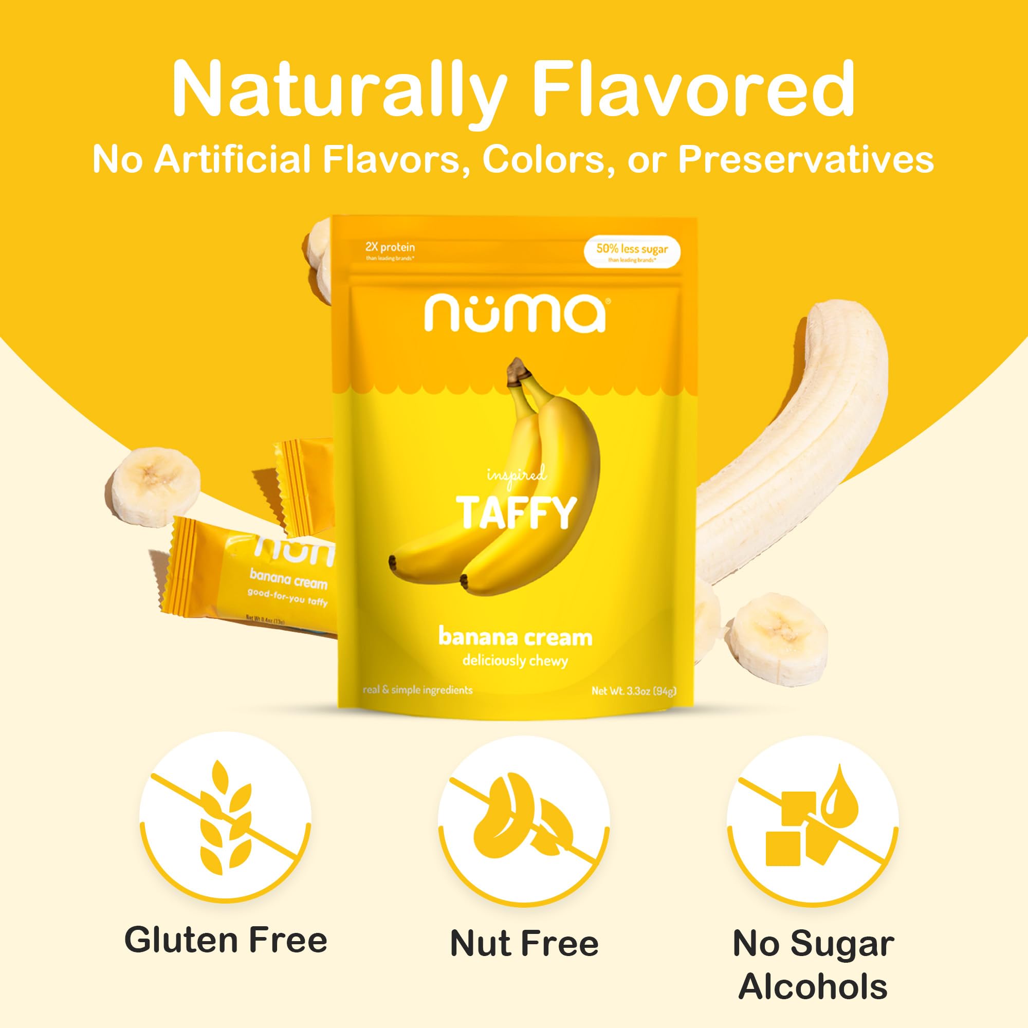 Numa Banana Taffy ingredients label highlights natural, gluten-free.