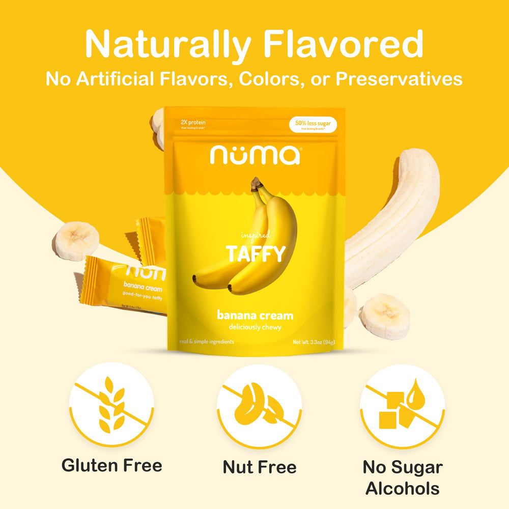 Numa Banana Taffy ingredients label highlights natural, gluten-free.