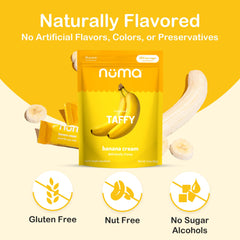 Numa Banana Taffy ingredients label highlights natural, gluten-free.