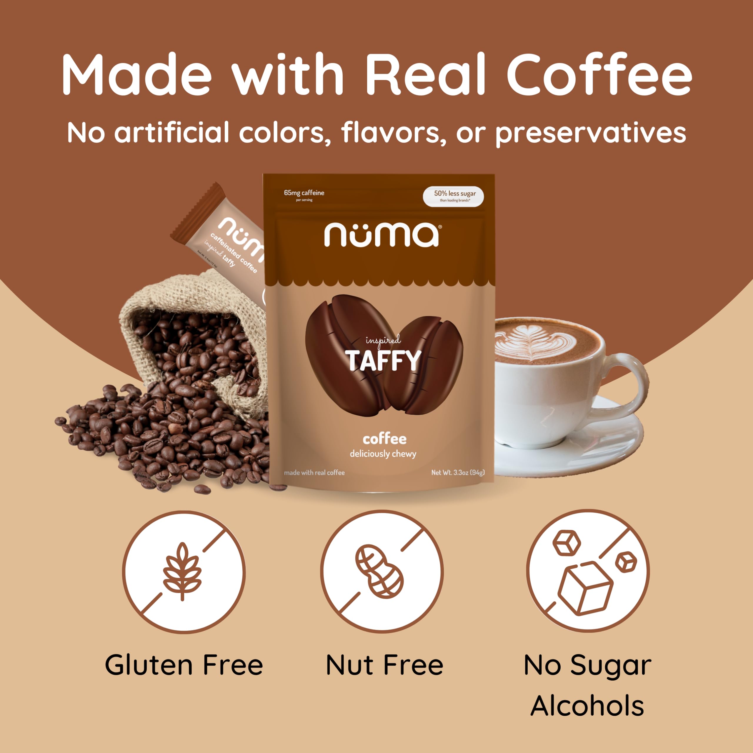 Travel-ready Numa Coffee Chews ideal for on-the-go mornings.