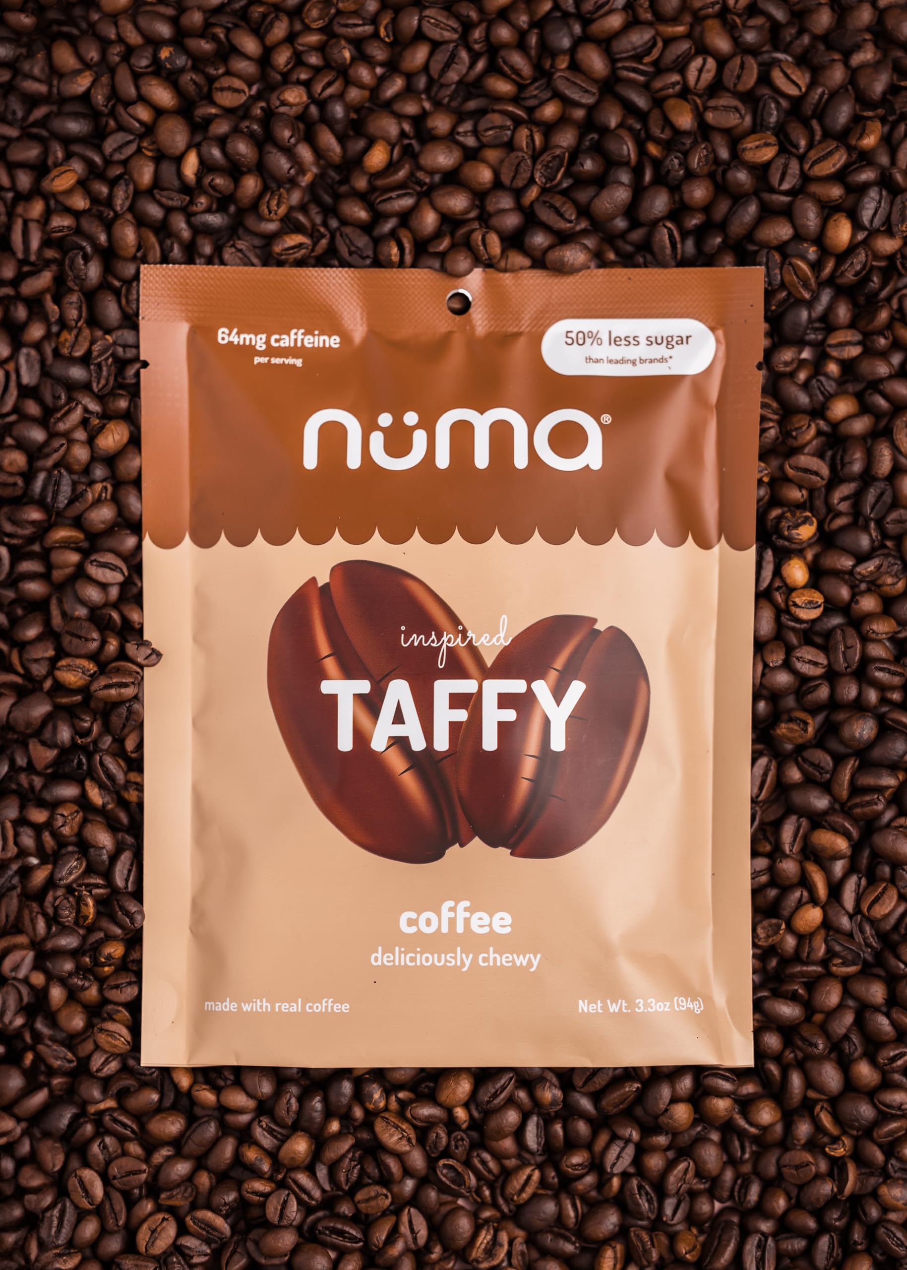 Numa Coffee Chews nutrition label highlighting low calories and protein.