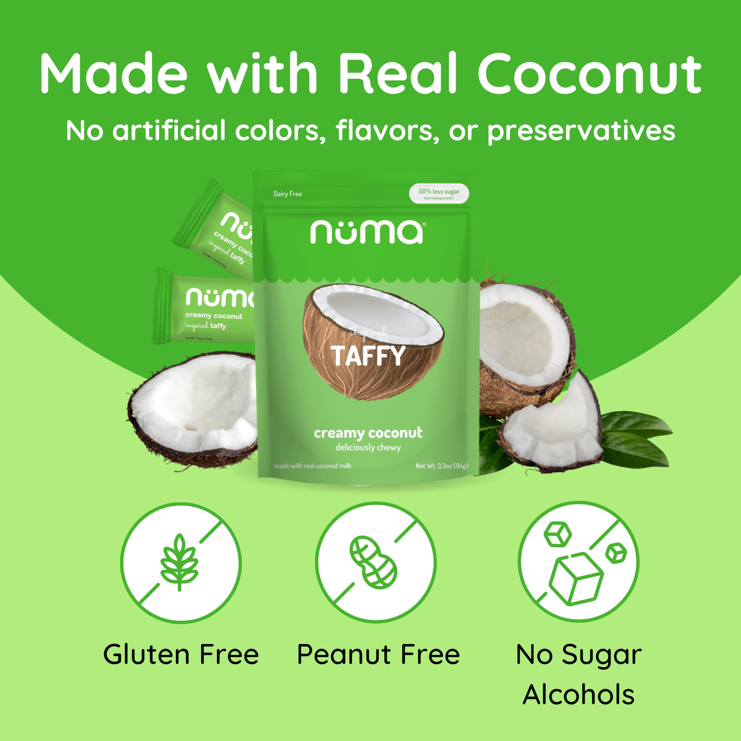 Numa Creamy Coconut Taffy 10 individually wrapped chews shown for convenient portioning.
