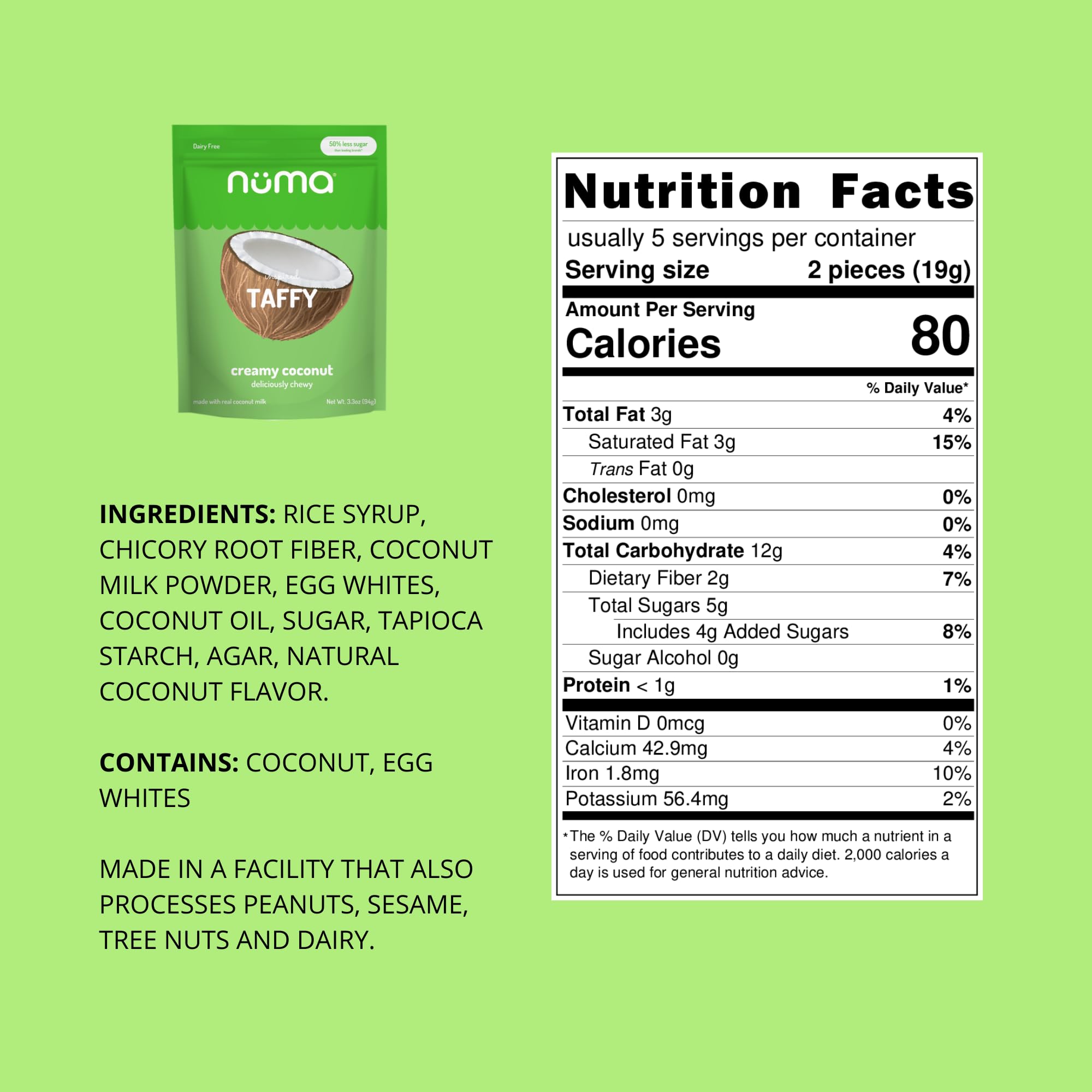 Numa Foods Creamy Coconut Taffy close-up showcases the creamy texture and coconut richness.
