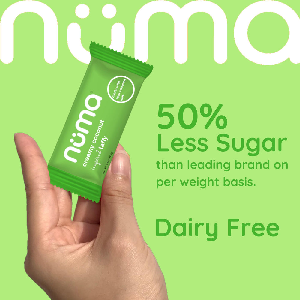 Numa Creamy Coconut Taffy ingredients in glass bowl hint at simple, natural components.