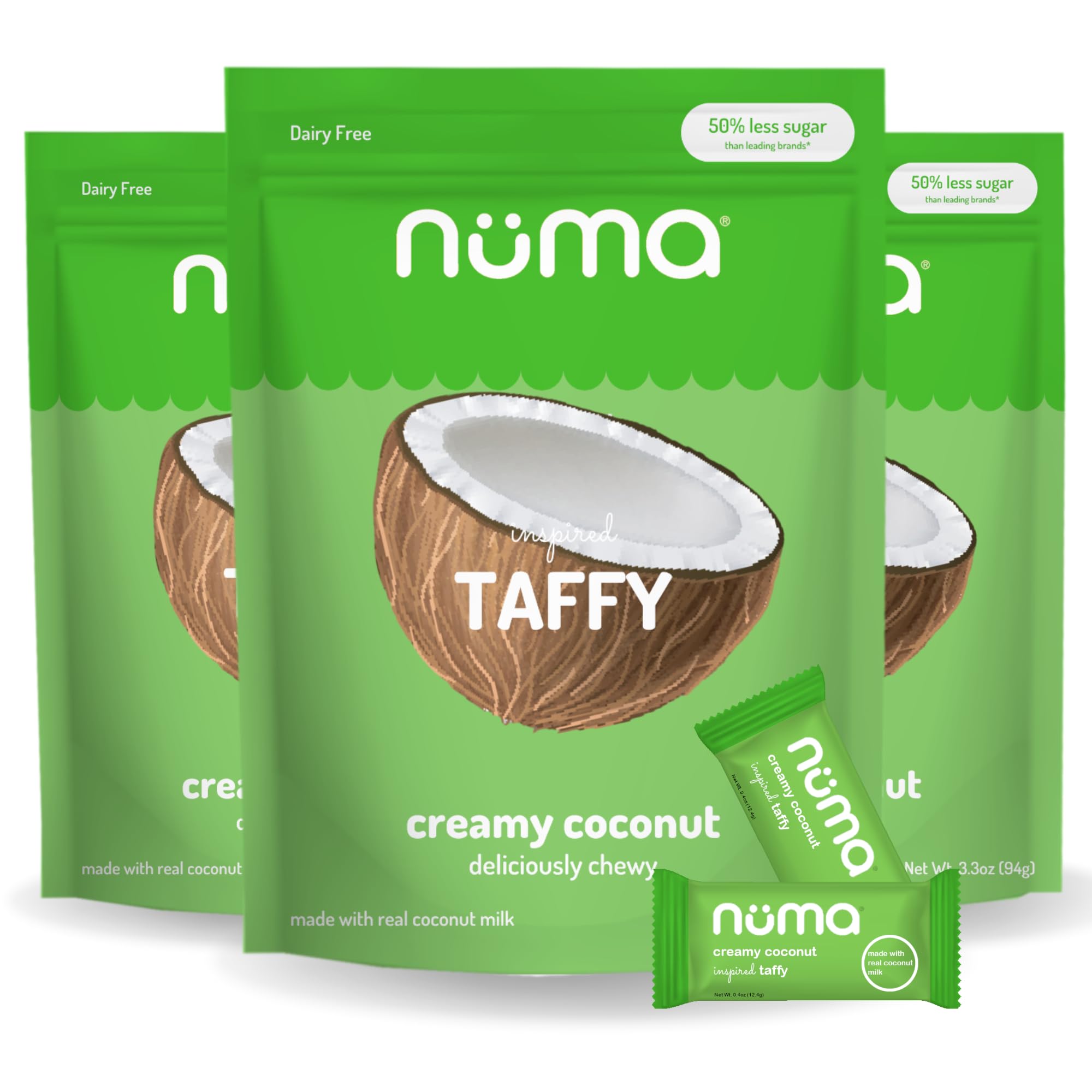 Numa Foods Creamy Coconut Taffy packaging highlights dairy-free, low-sugar snacking on the go.