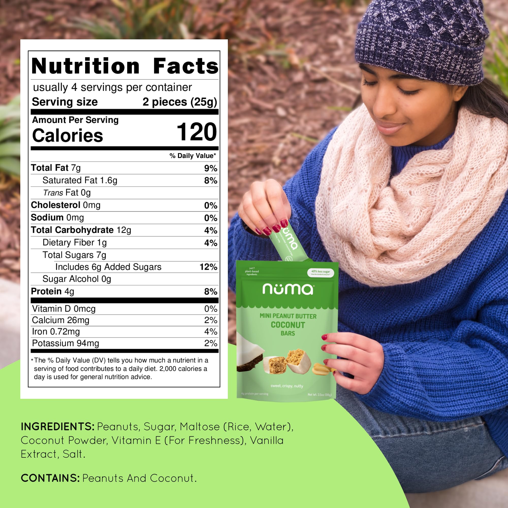Close-up of Numa mini coconut peanut butter bar showing crunchy texture and coco-nutty finish