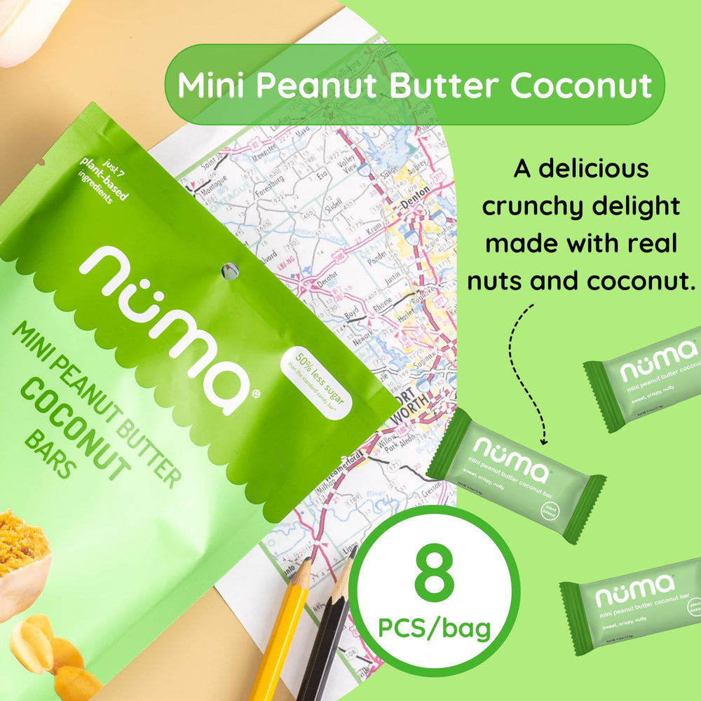 Numa Foods mini bar ingredients spread highlighting roasted peanuts and coconut