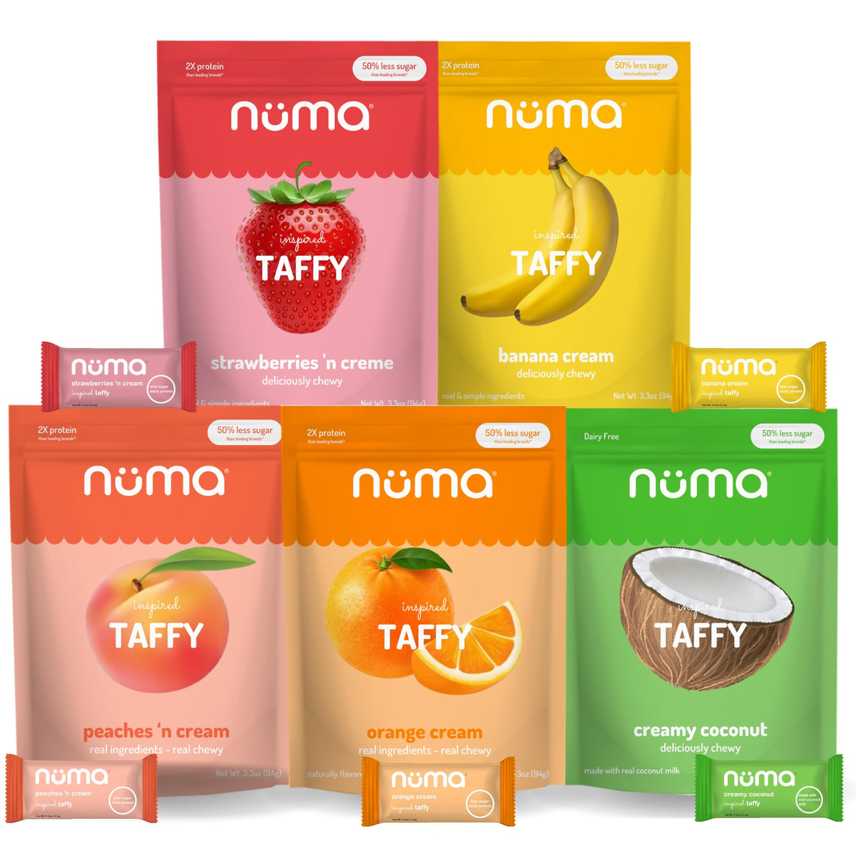 Numa Foods packaging label shows low-sugar chewy candy for healthier indulgence.