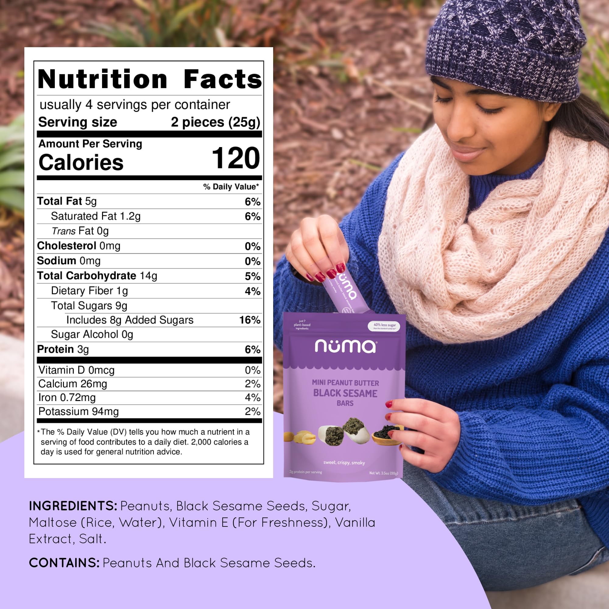 Numa mini PB bars cross-section showing peanuts and sesame with protein bite.