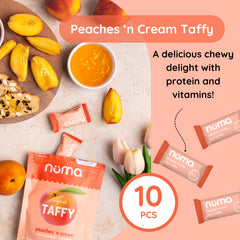 Three-bag view of Numa Peaches 'n Cream taffy demonstrates convenient packaging and low-sugar option.