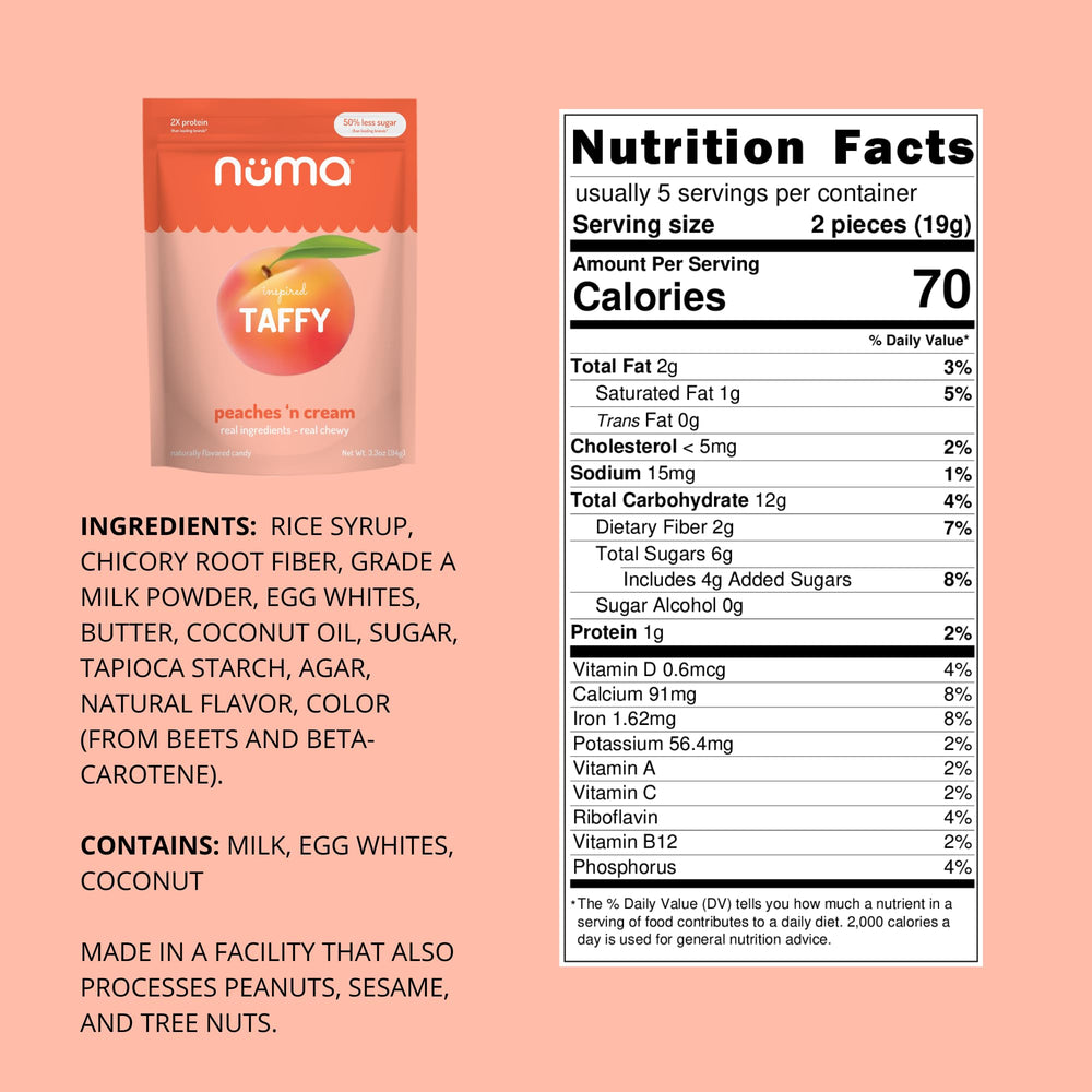 Numa Peaches 'n Cream taffy close-up shows chewy texture and creamy peach aroma.