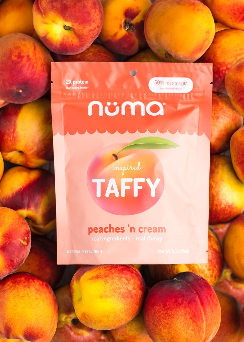 Protein-rich Numa Peaches 'n Cream taffy nutrition highlights for fitness-minded shoppers.
