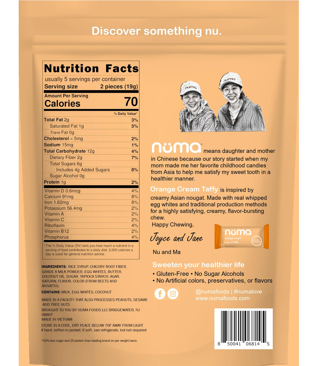 Numa Taffy Orange Cream ingredient panel highlights simple, natural components