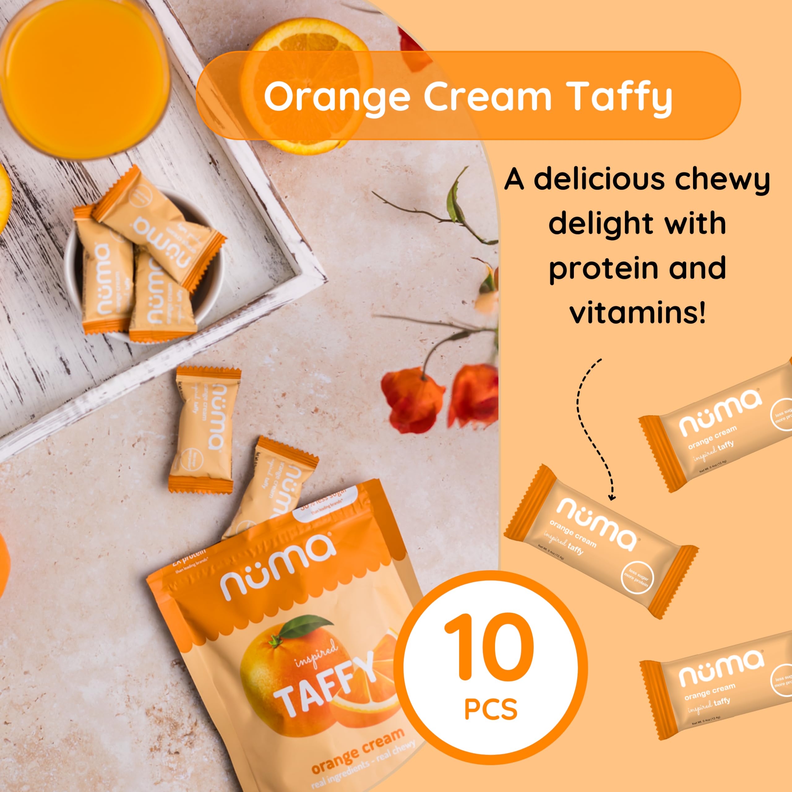 Numa Taffy Orange Cream packaging back shows nutrition highlights and gluten-free label