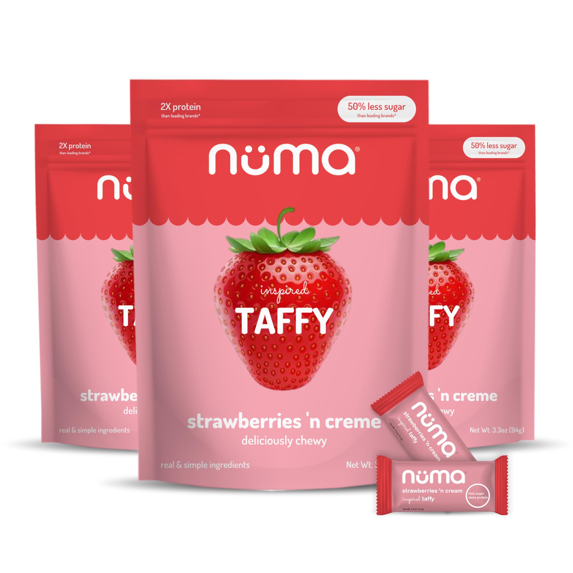Numa Taffy packaging shows Strawberries & Creme for convenient gifting.
