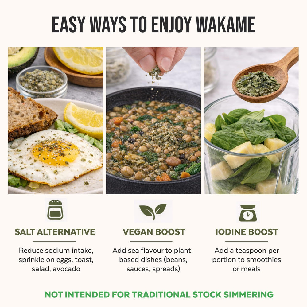 Numami Wakame flakes in a bowl, perfect for quick topping on salads.