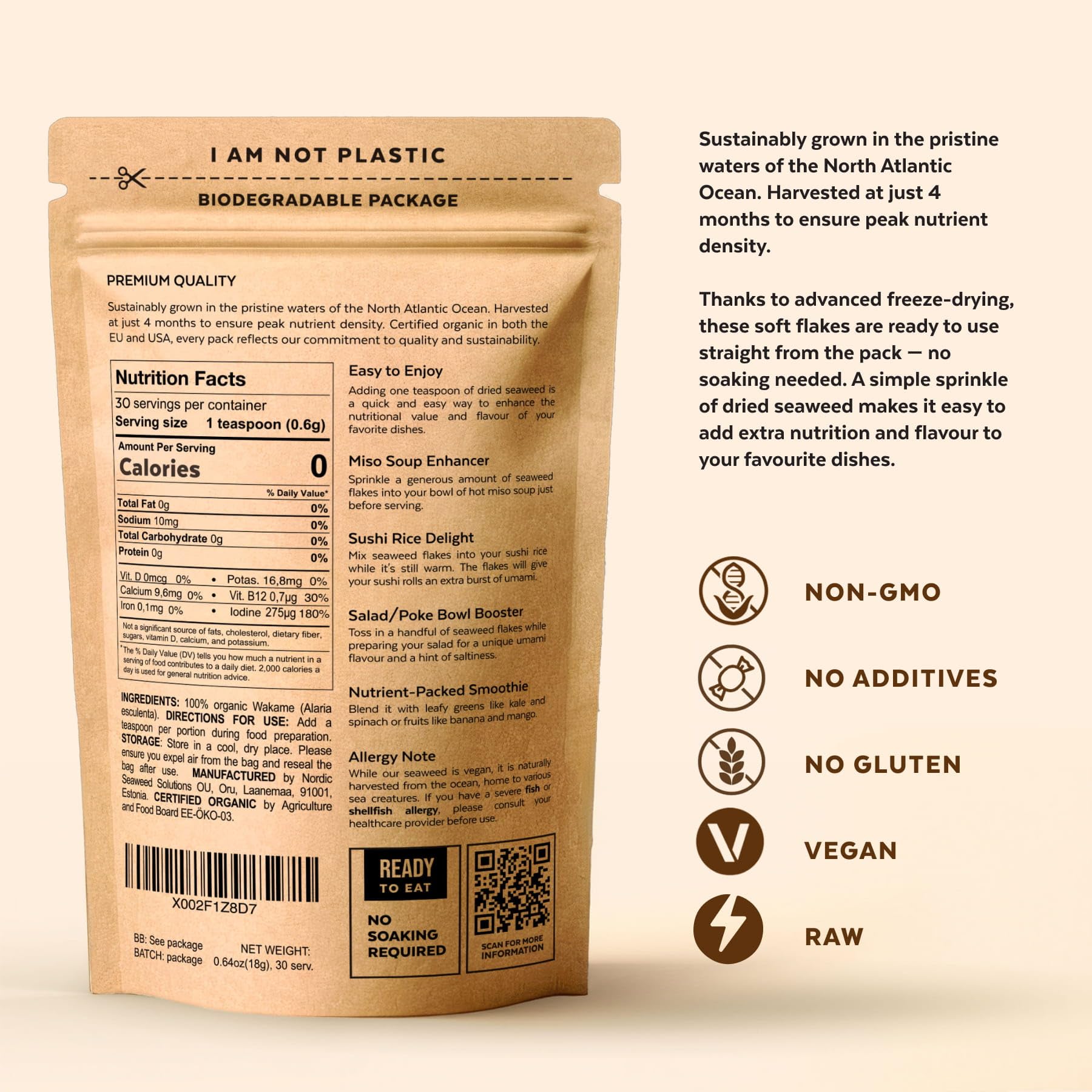 Numami Wakame flakes USDA label highlights quality and certification.