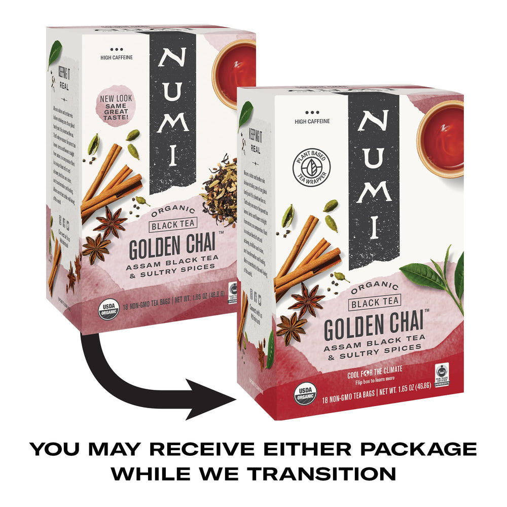 Numi Golden Chai packaging and branding for premium tea