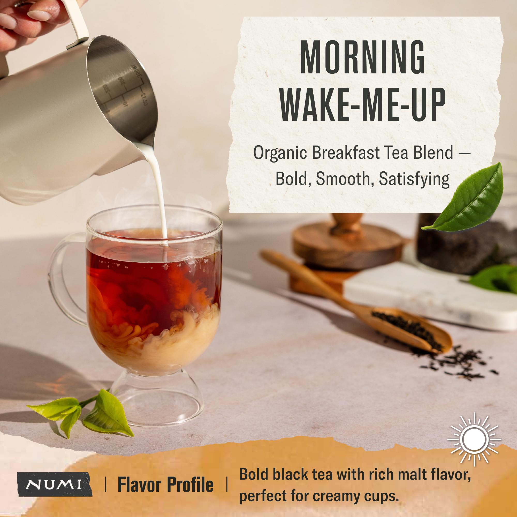 Numi Breakfast Blend teabags close-up, highlighting full-leaf tea for steady morning energy.