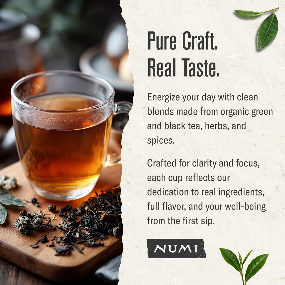 Numi Organic Breakfast Blend tea brewed in mug, underscoring steady energy.