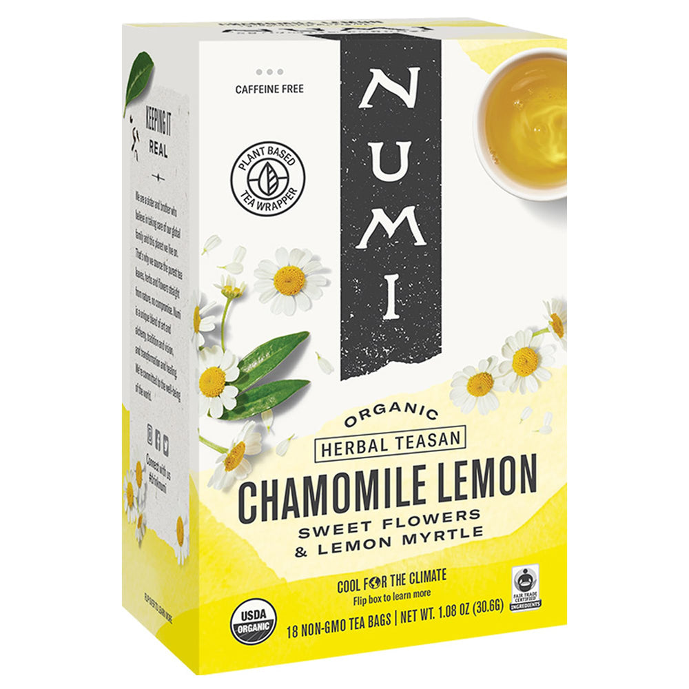 Numi Chamomile Lemon Tea pack shot, showcasing an organic blend ideal for a calming evening