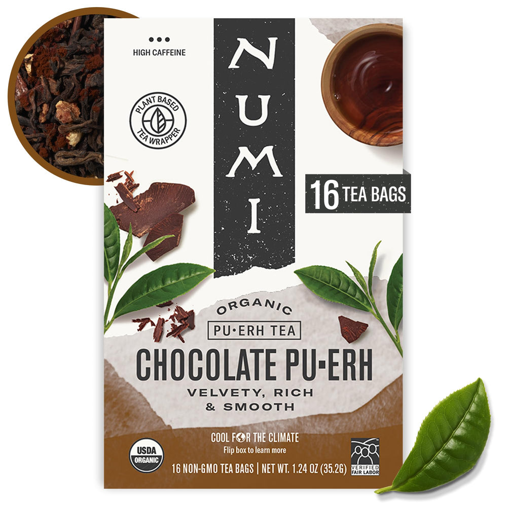 Numi Chocolate Pu-erh tea cup with rich aroma and inviting flavor