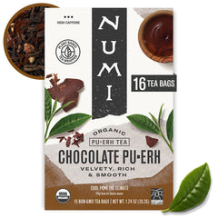 Numi Chocolate Pu-erh tea cup with rich aroma and inviting flavor