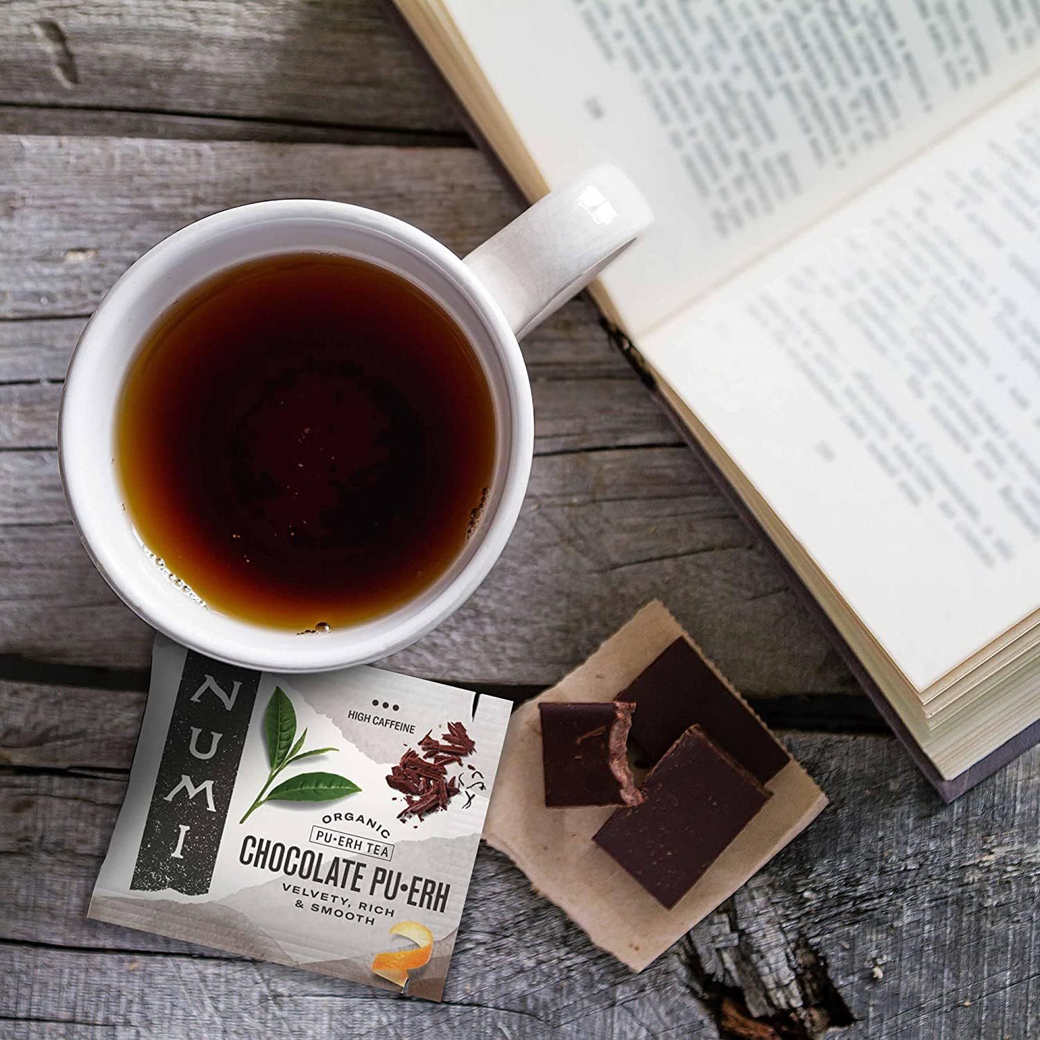 Numi vanilla beans and orange peel enrich the cup's fragrance