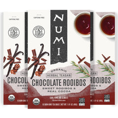 Numi chocolate rooibos tea bags resting ready to steep, cocoa-forward aroma
