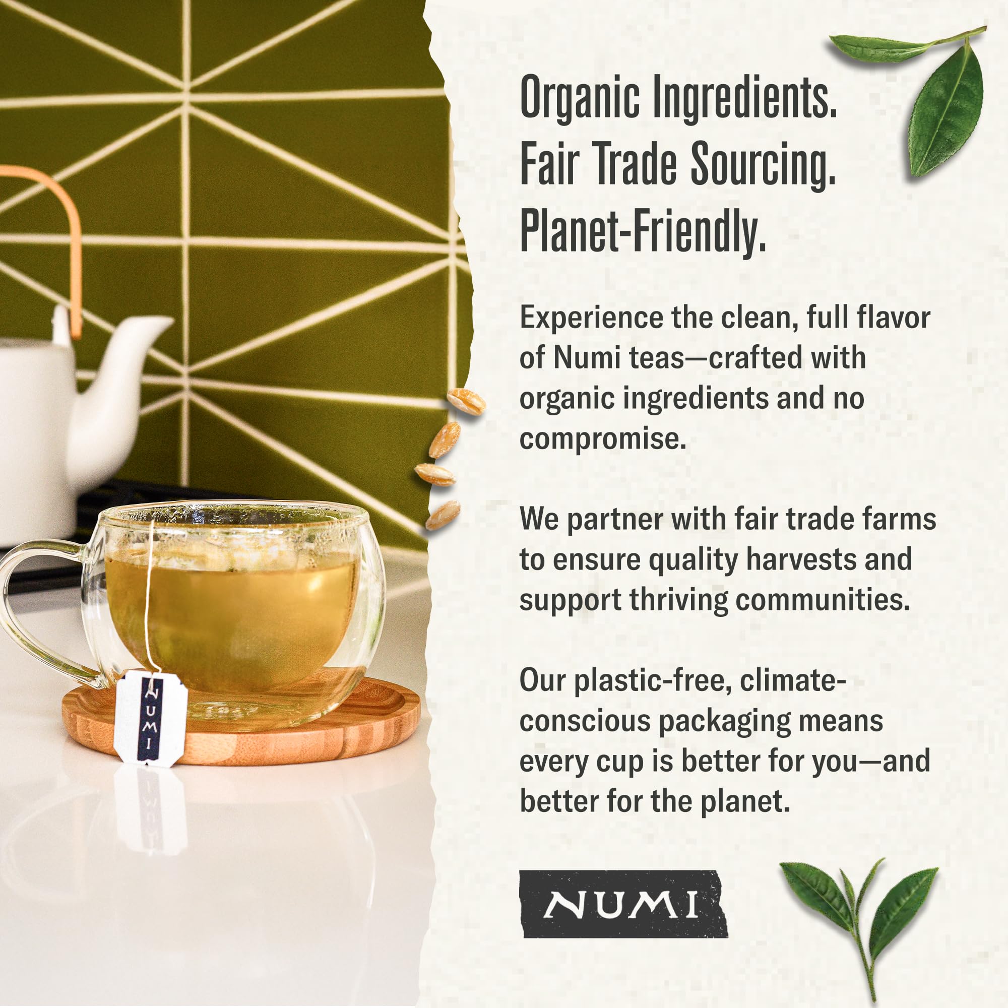 Numi compostable tea bags and eco packaging emphasize planet-friendly choice
