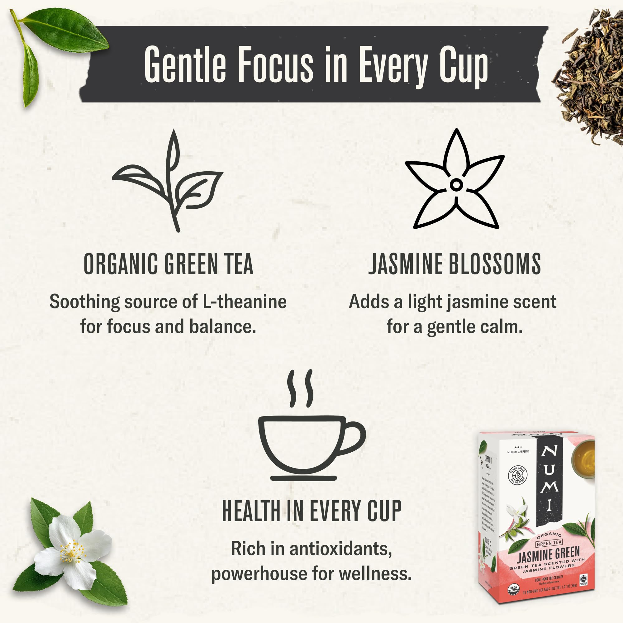 Numi compostable tea bags and eco packaging for a greener choice.