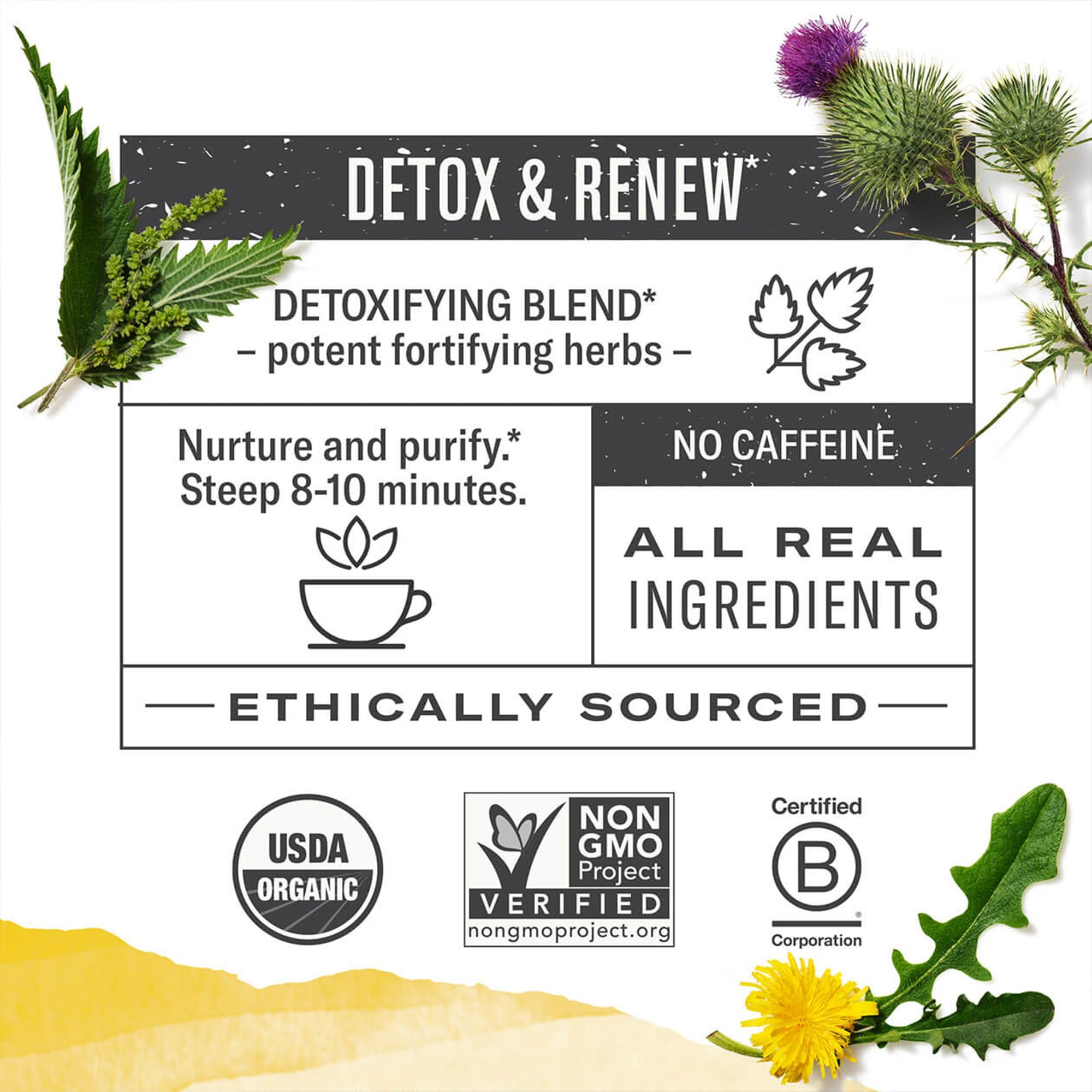 Numi Dandelion Detox Tea ingredients chart featuring dandelion, nettle, and burdock