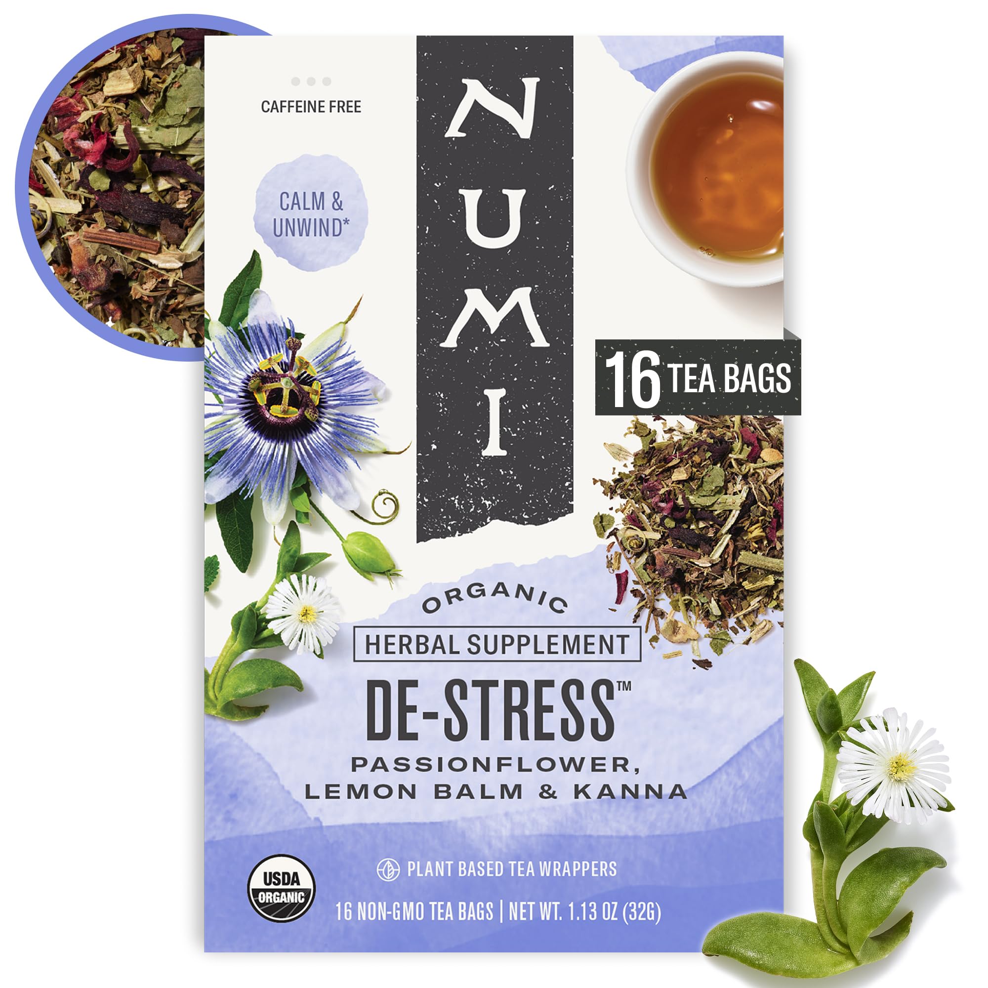 Numi De-Stress tea bags in packaging, caffeine-free blend for a calming ritual.