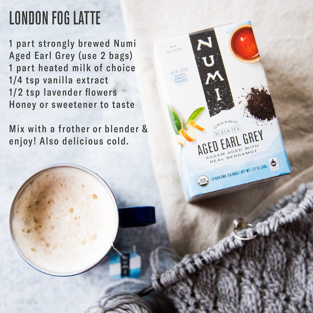 Numi tea in a glass shows amber brew ideal for hot or iced.