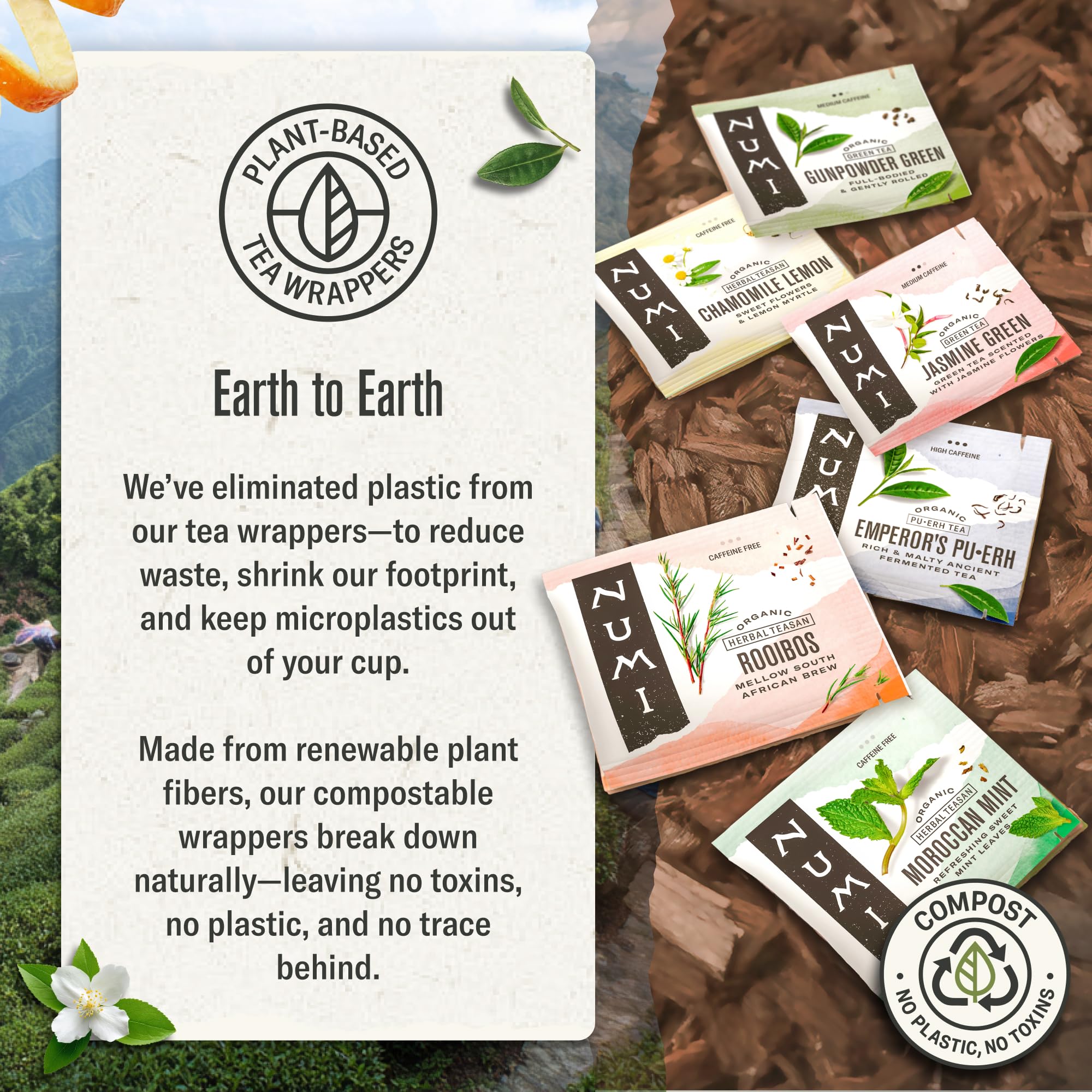 Close-up of eco-friendly packaging and compostable bags.
