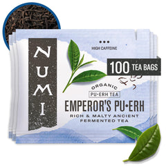Numi Emperor's Pu-erh tea bags ready for a quick, energizing brew.