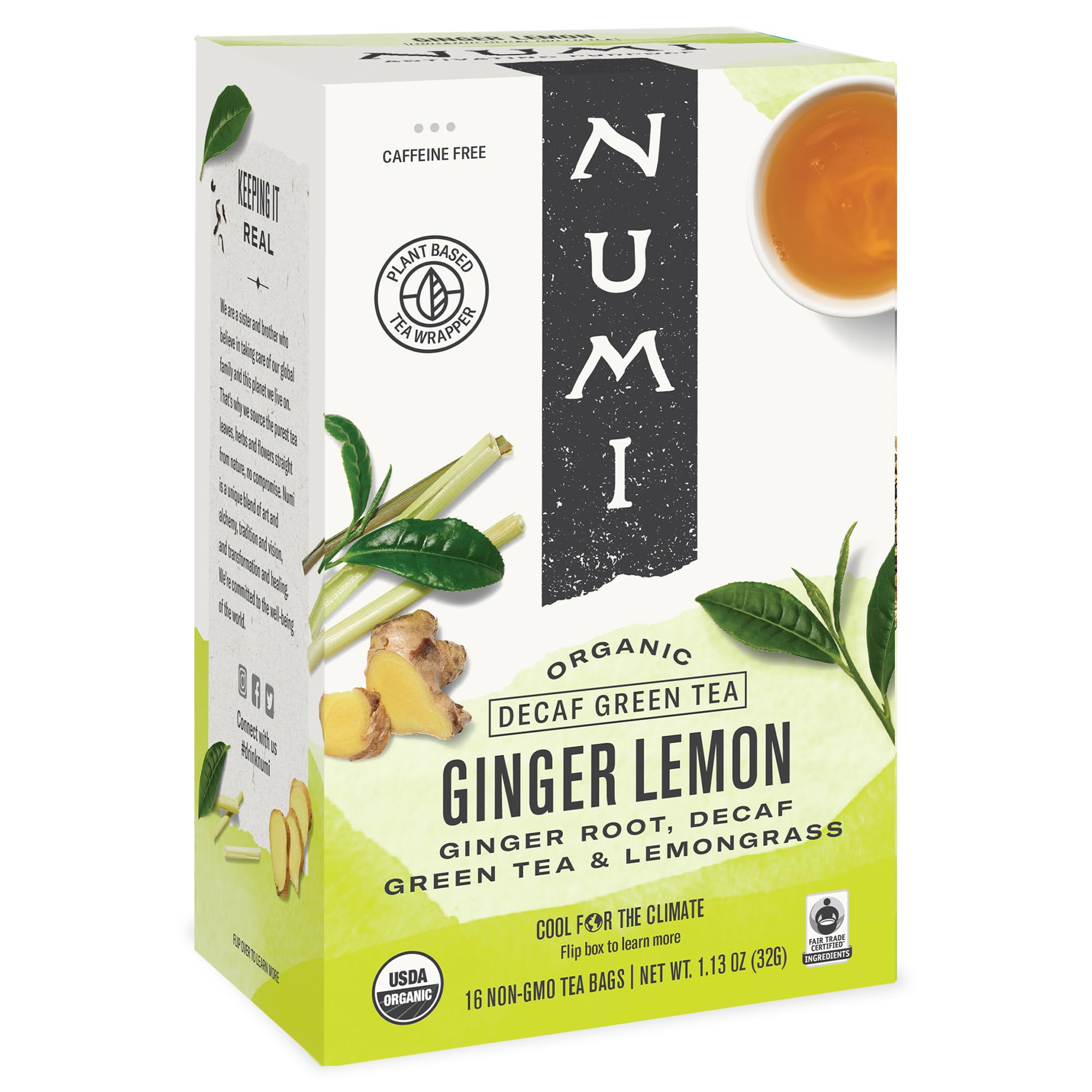 Numi Ginger Lemon Decaf Tea bags ready for brewing, caffeine-free daytime or evening choice.