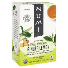 Numi Ginger Lemon Decaf Tea bags ready for brewing, caffeine-free daytime or evening choice.