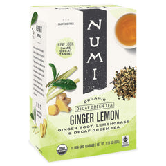 Numi Ginger Lemon Decaf Tea packaging emphasizing eco-friendly design for mindful sipping