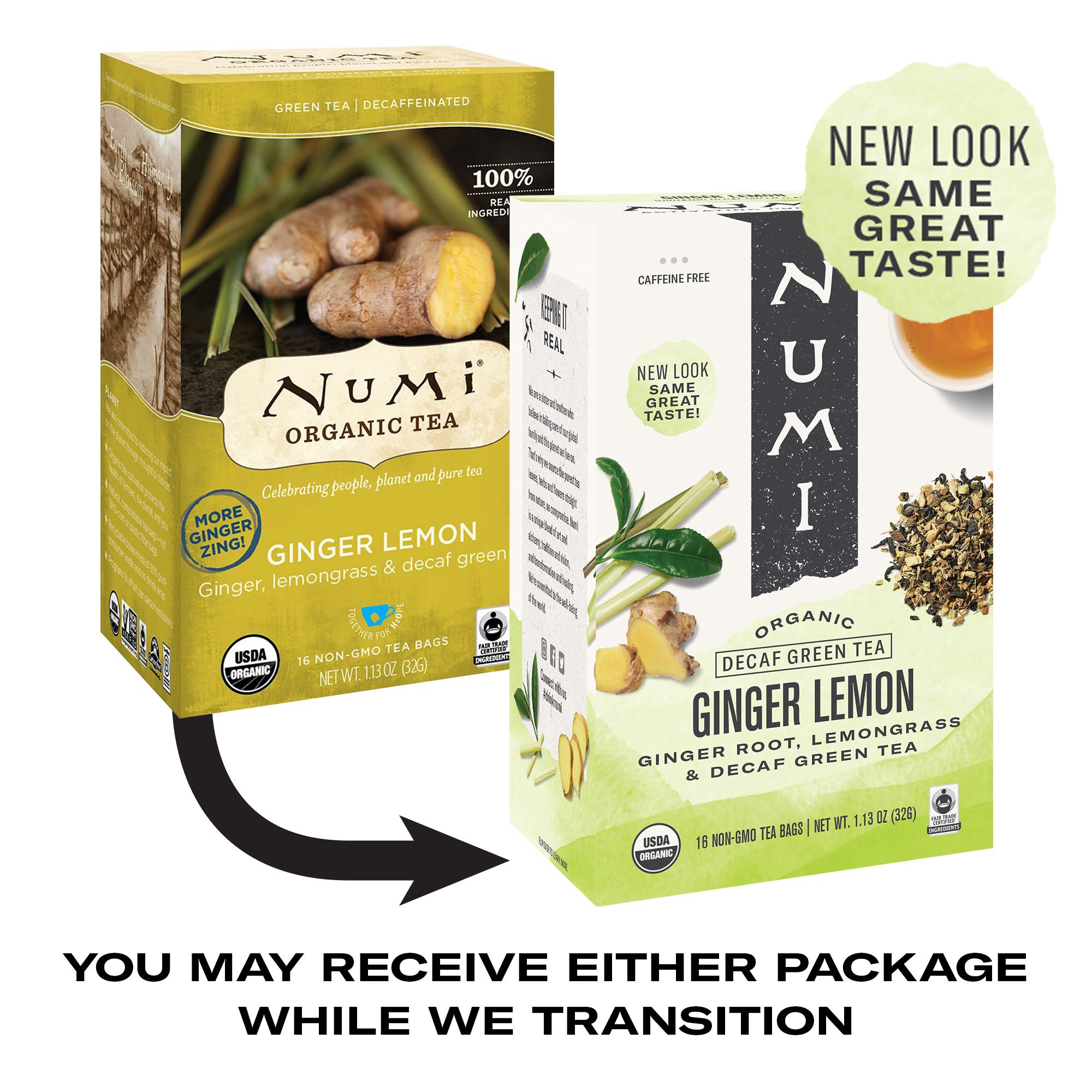 Numi Ginger Lemon Decaf Tea bags close-up show microplastic-free packaging