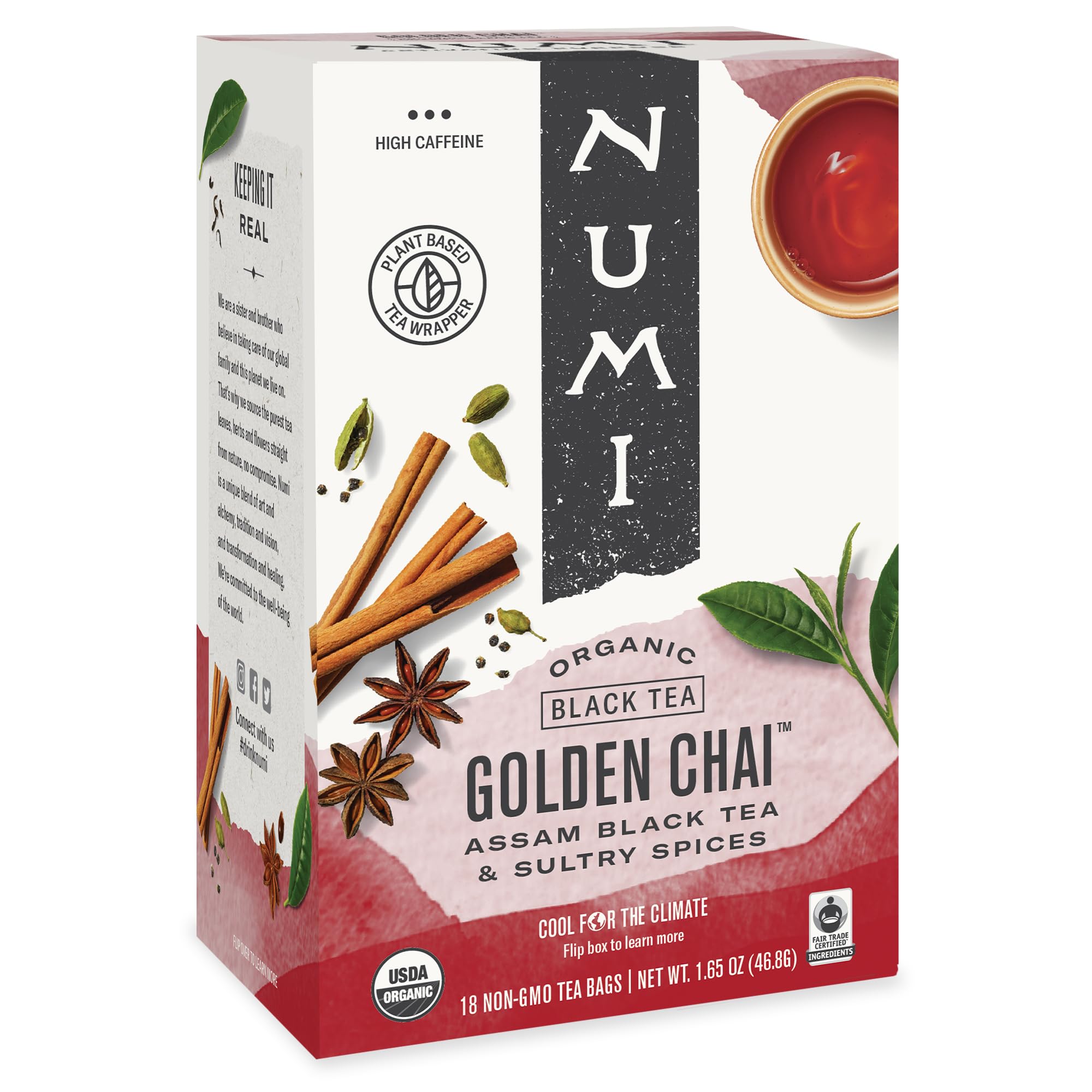 Numi Golden Chai tea bags steeping in hot water for a rich cup