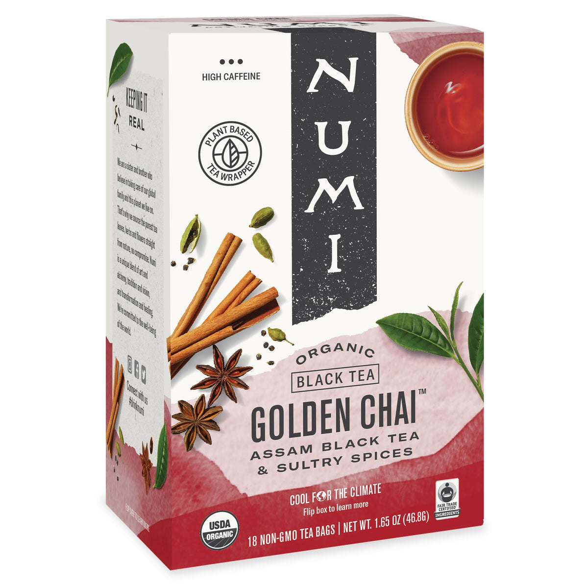 Numi Golden Chai tea bags steeping in hot water for a rich cup