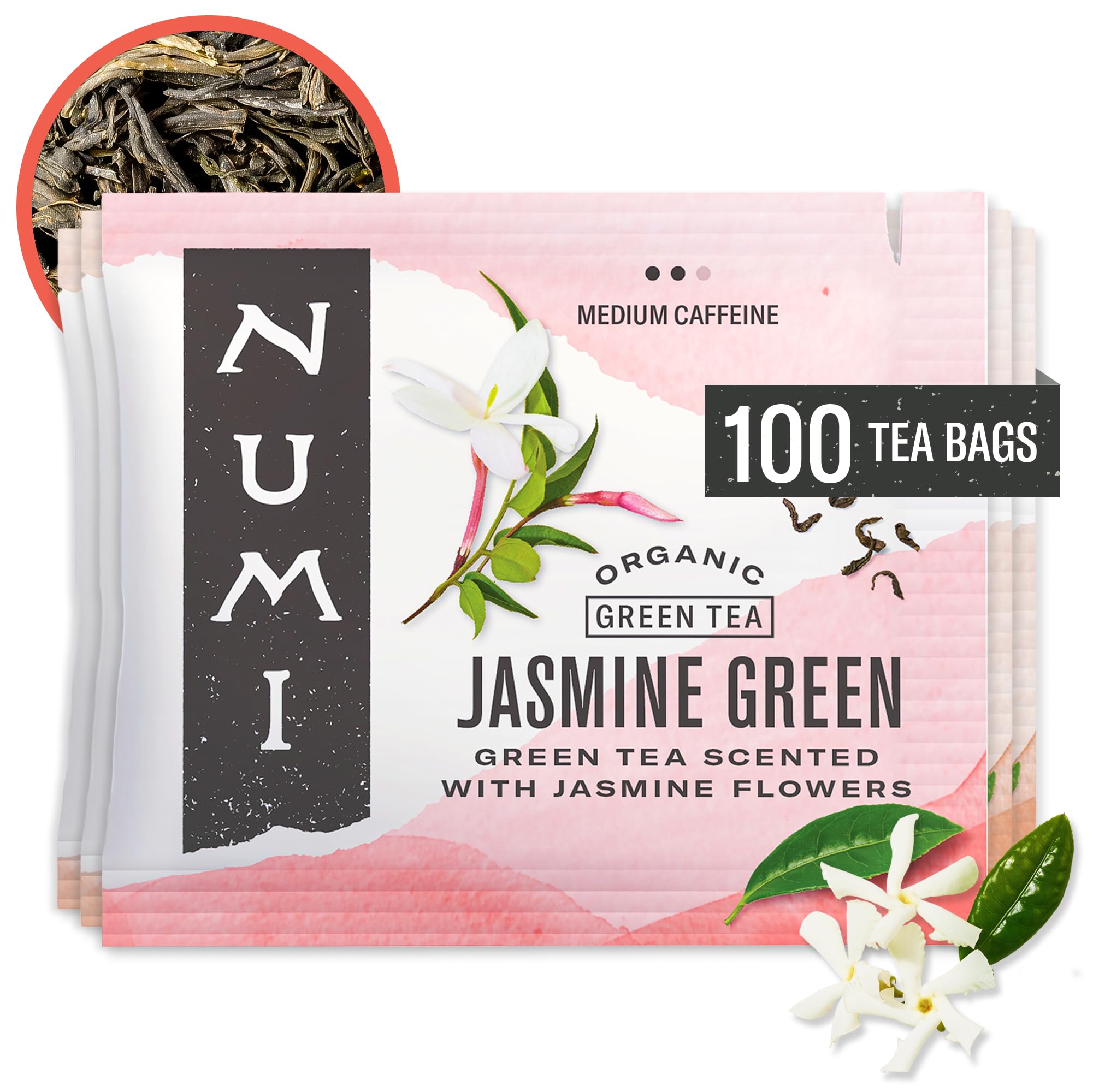 Numi Green Tea with Jasmine bags ready to brew for a fragrant floral aroma.