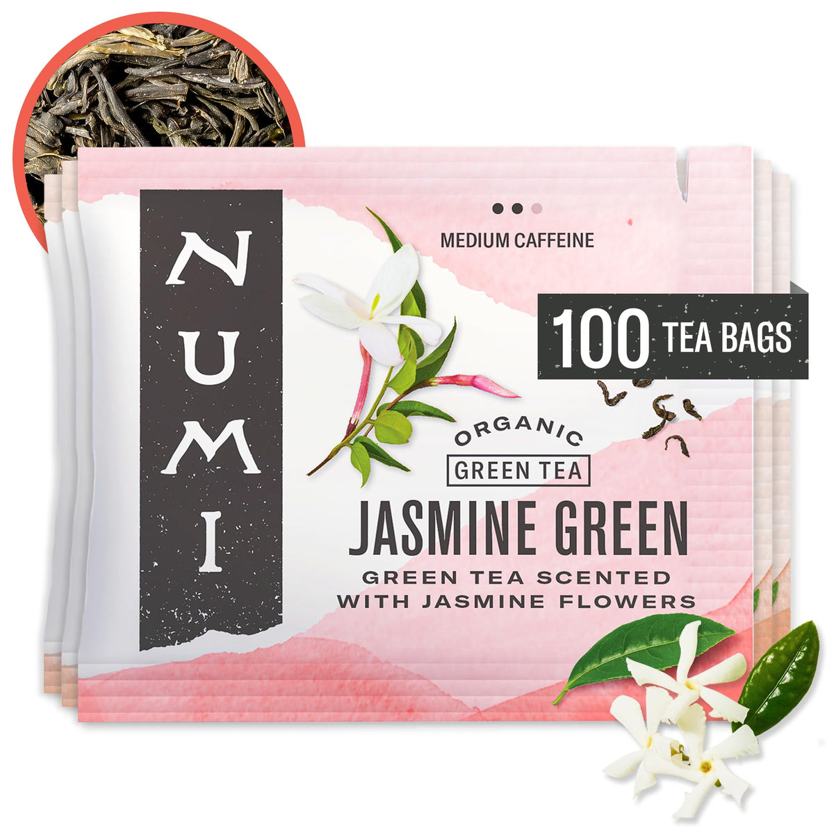 Numi Green Tea with Jasmine bags ready to brew for a fragrant floral aroma.