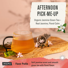 Numi Green Tea Jasmine steeping cup displaying bright flavor and gentle caffeine boost