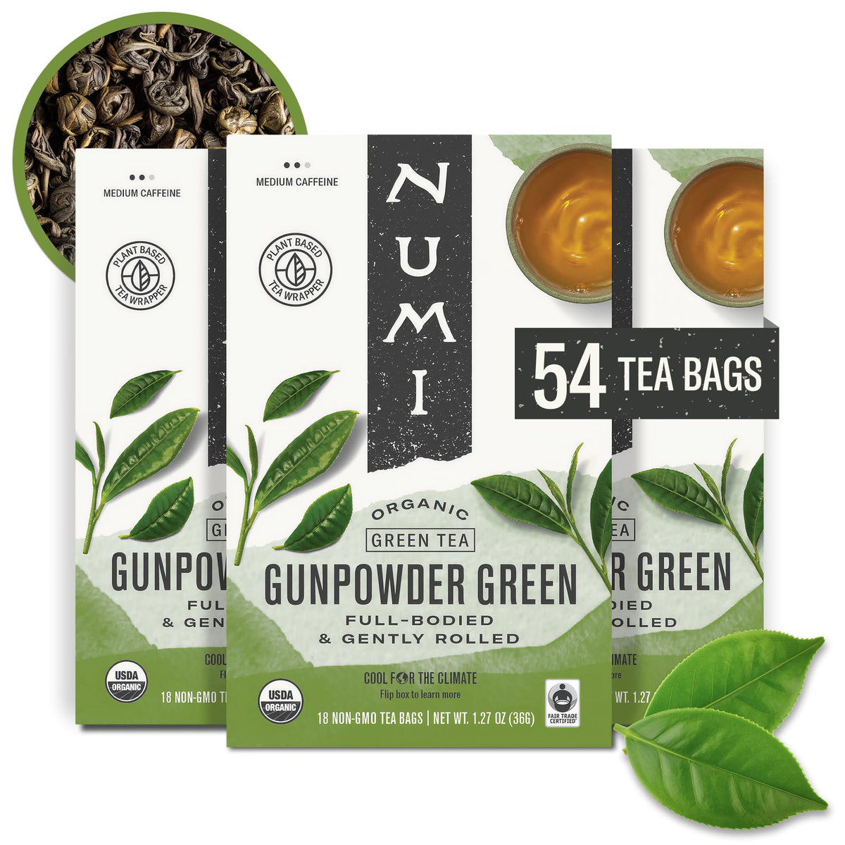Numi Gunpowder Green Tea box shows 54 bags for convenient daily brewing.
